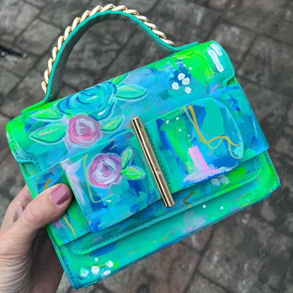 Hand Painted Colorful Abstract Flowery Handbag Tote New